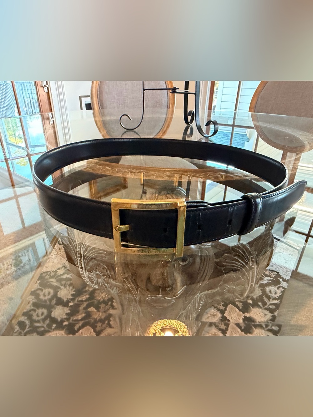 Bvlgari Black Leather Belt with Gold Tone 34-38 Waist Italy
